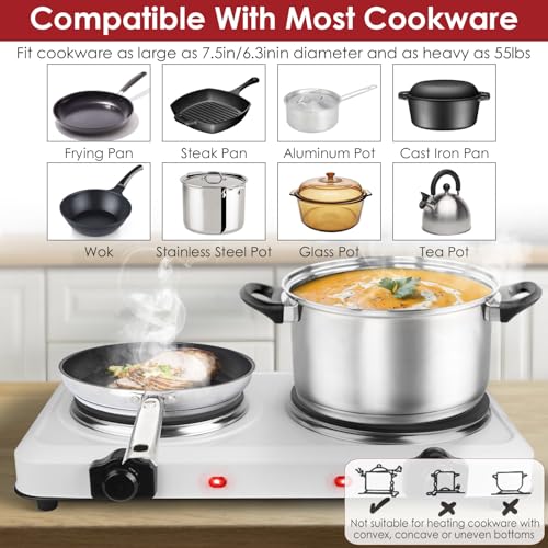 Image of Dual Electric Stove Infrared Dual Burner Double Cooktop Countertop Stove | 1800W Portable Hot Plates Glass Counter Stove Stepless Temperature for Kitchen RV Camp White