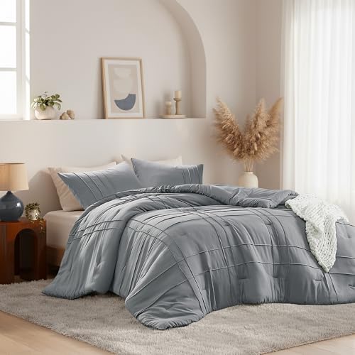 Regency Heights Queen Size Comforter Set Blue Grey, 3 Pieces Bedding Set, Ultra Soft Prewashed Bed Set, Pinch Pleat All Seasons Lightweight Comforter and Shams