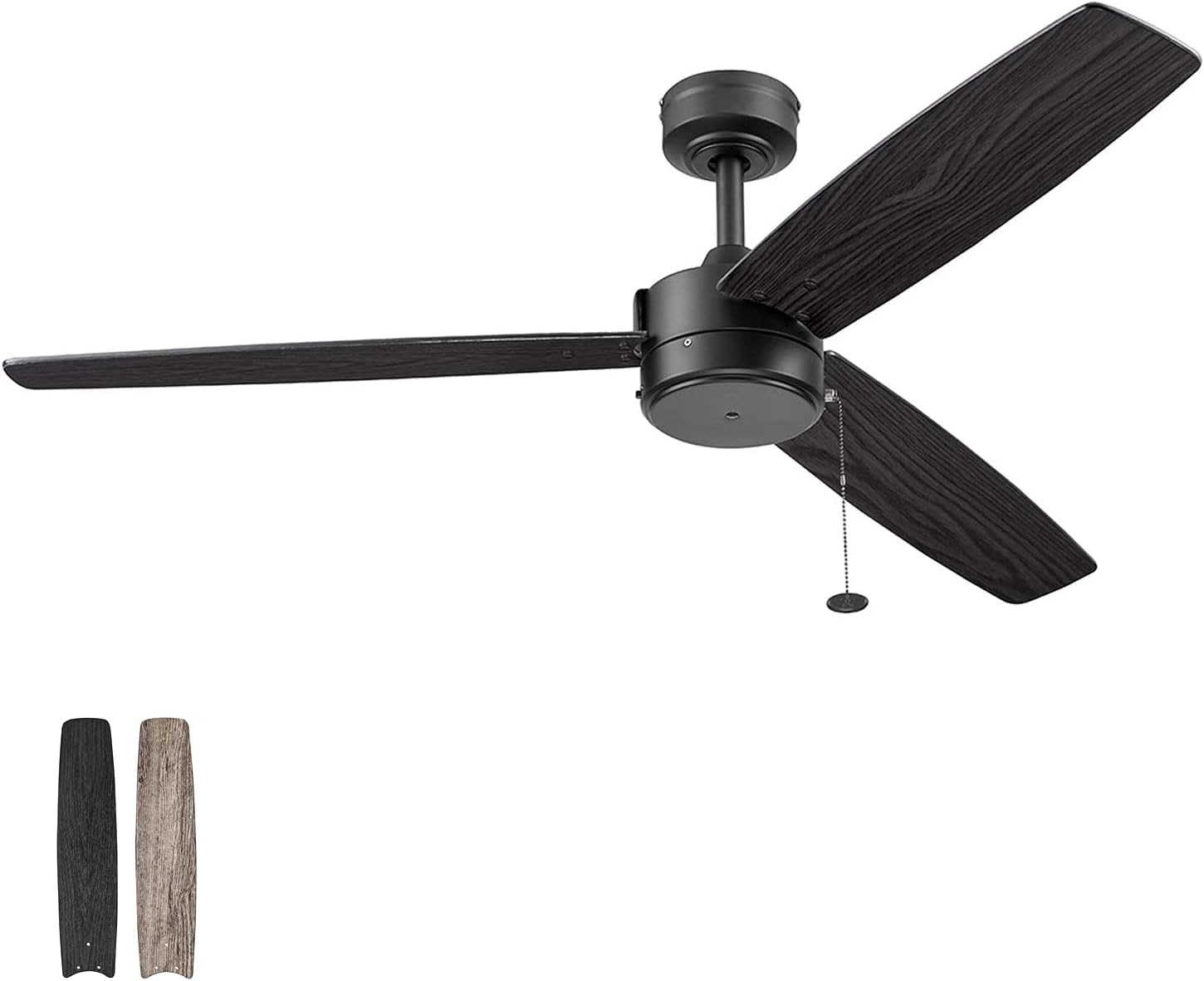 Prominence HomeJournal Modern 52 Inch Ceiling Fan Without Light, Indoor/Outdoor Fan with 3 Blades, Pull Chain Dual-Mount Design with Ebony and Gray Teak Blade Options, Matte Black (51466-01)