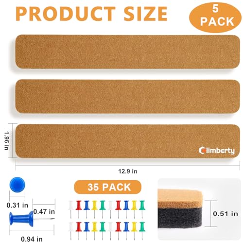 Climberty® 5 Pack Felt Bulletin Board, Felt Message Board with 35pcs Drawing Pins, Self-Adhesive Lightweight Bulletin Board Strips for Paste Notes, Photos, Schedules (Brown)