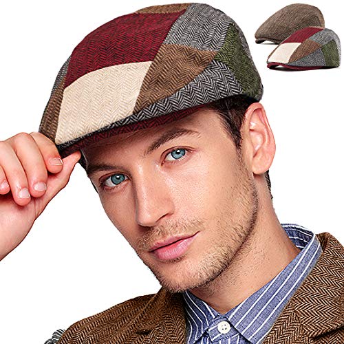 Image of LADYBRO 2Pack Adjustable Newsboy Hats for Men Flat Cap Irish Cabbie Wool Blend Tweed