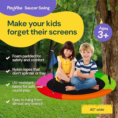 image for PLAYVIBE 40-Inch Saucer Swing for Kids Outdoor - Multicolor Tree Swing