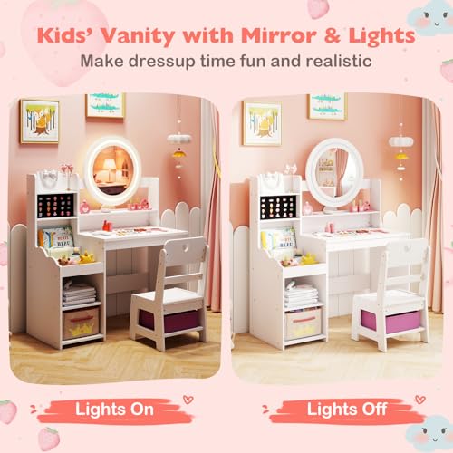 Image of HONEY JOY Kids Vanity with Lights, Wooden Princess Makeup Dressing Vanity Desk with Jewelry Storage, Open Shelves, 2 in 1 Toddler Vanity Table & Chair Set with Lighted Mirror for Little Girls(White)