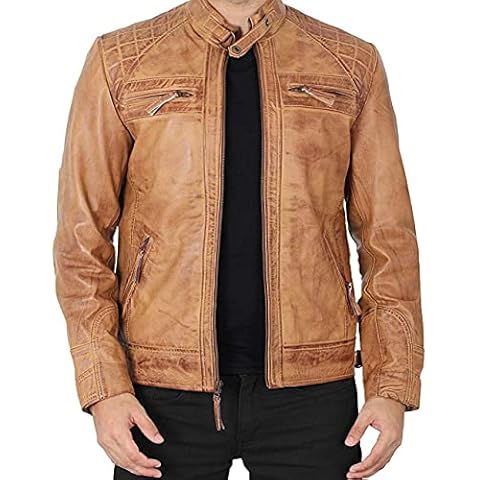 FJackets Real Lambskin Leather Biker Jacket - Quilted Cafe Racer Zip Up Moto Jackets Men, Camel - Jhnson Leather Jacket, XS Cover