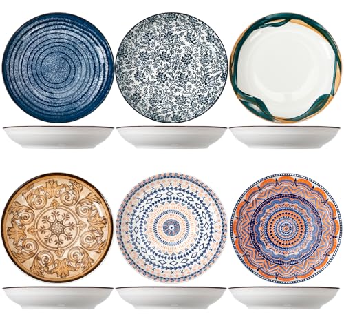 ZPPLD 23CM Piatto Portata in Ceramica,Piatti Colorati in Porcellana per 6 persone,Piatti Set,Stoviglie Per Lavastoviglie E Microonde, Pasta,Piatto Per La Colazione,Stile BohéMien Classico