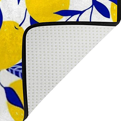 Tapis de chambre microfibre grand format jaune citron feuilles bleues