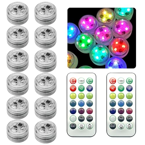 CLIUNT 12 Piezas LED Iluminación Estanque, Mini Luces de Té, LED Sumergibles, Luces para Piscina RGB Luz Piscinas Impermeable IP68, con Mando a Distancia, para Acuario Piscina Jardín