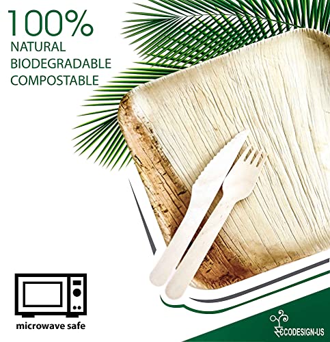 Holiday Party Dinnerware Eco Set Of 300 Eco-Friendly Dinnerware - 100 Disposable 8" Square Palm Leaf Plates, 100 Wood Forks, 100 Wood Knives #TOP1