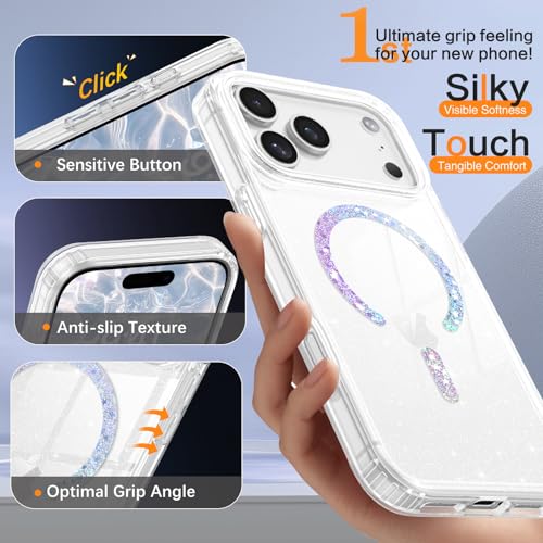 Image of DOMAVER for iPhone 17 Pro Case Glitter, Magnetic Case Compatible with MagSafe, Cute Slim Sparkle Bling Shockproof Protective Phone Cover for iPhone 17 Pro 6.3'', Clear