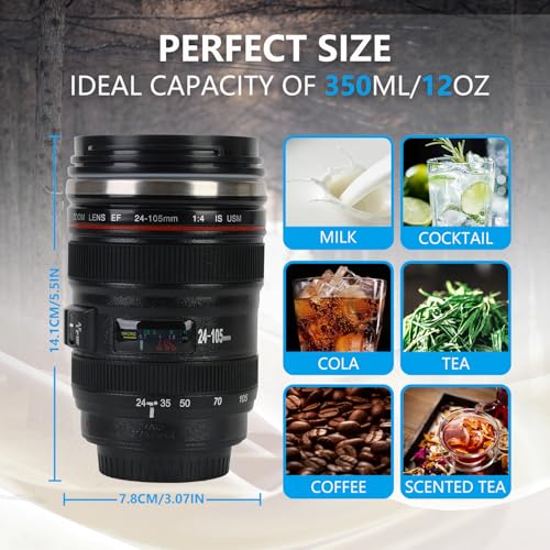 Camera Lens Coffee Mug 350ml Tumbler with Transparent Lid,Black - Image 3