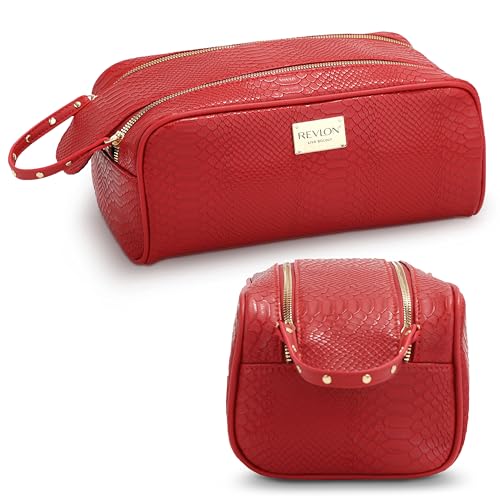 REVLON Croc Embossed Makeup Bag - Small Makeup Pouch, Travel Makeup Organizer with Two Zippers, Cosmetic Bag, Mini Makeup Case with Pockets - Gifts for Women, Ladies, or Teen Girls, Cherry Red