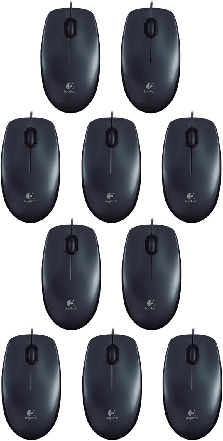 Logitech B100 - Mouse con cavo, porta USB, sensore ottico 800 DPI, 3 pulsanti, per mancini e destrorsi, PC/Mac, colore nero, confezione da 10