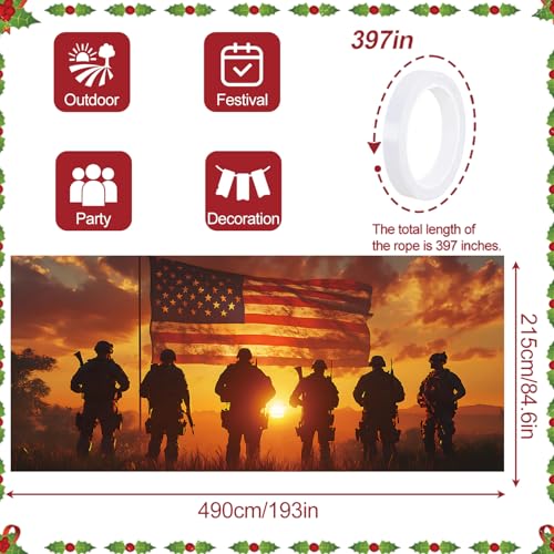 Image of 16x7Ft Patriotic American Soldier Silhouette Garage Door Decoration Flag, Military Tribute flag - Sunset USA Flag Themed Outdoor Decor