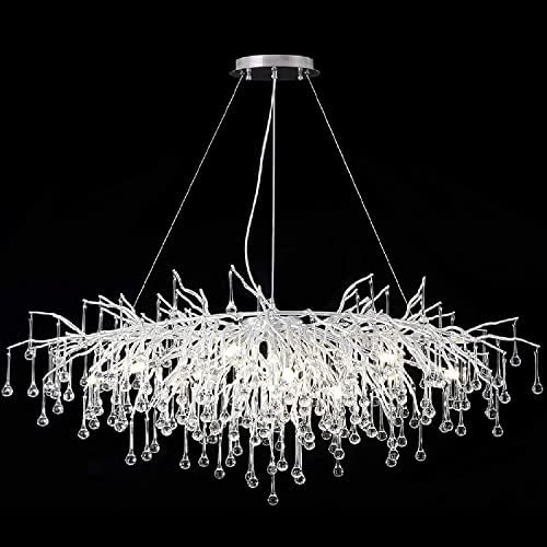 YIOSI Modern Rectangle Chandelier, Forest Tree Branch Large Ceiling Light Fixture Pendant Silver Frosted Raindrop Long High Ceiling Kitchen Island Lighting for Dining Room, Foyer (L45 Rectangle)