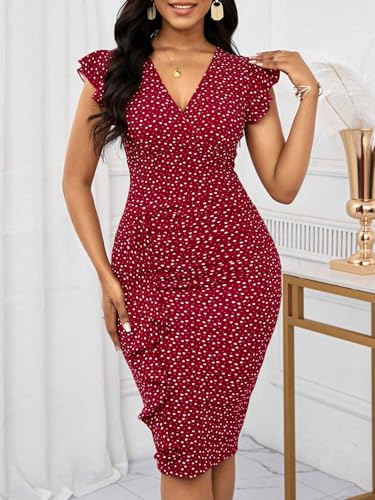 Image of Yajedo Women's Summer Bodycon Midi Dress Print Ruffled Sleeves V Neck Ruched Cocktail Pencil Dress