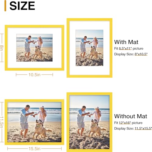 decorUhome 12x16 Picture Frame, Display 8.5x11 Certificate with Mat or 12x16 Poster without Mat, Wall Mounting Photo Frame, Yellow, 1 Pack