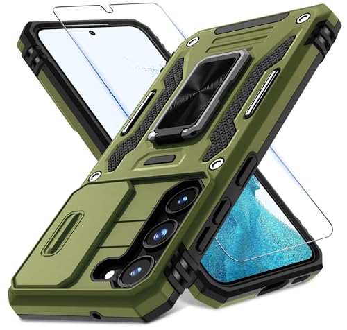 DEERLAMN Case for Samsung Galaxy S23 with Slide Camera Cover+Screen Protector(2 Packs), Rotated Ring Kickstand Military Grade Shockproof Protective Cover-Olive Green