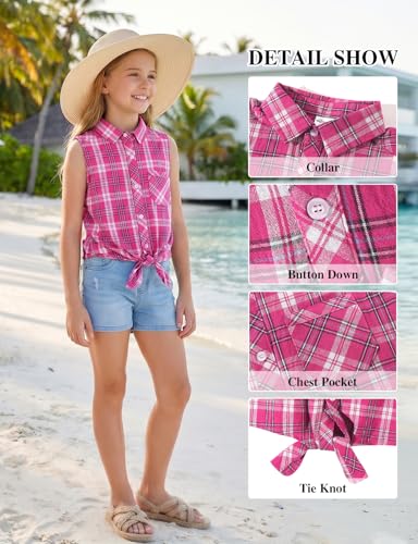 Image of Noomelfish Girls Sleeveless Button Down Shirt Tie Knot Blouse Western Cowgirl Outfit (5-12 Years)