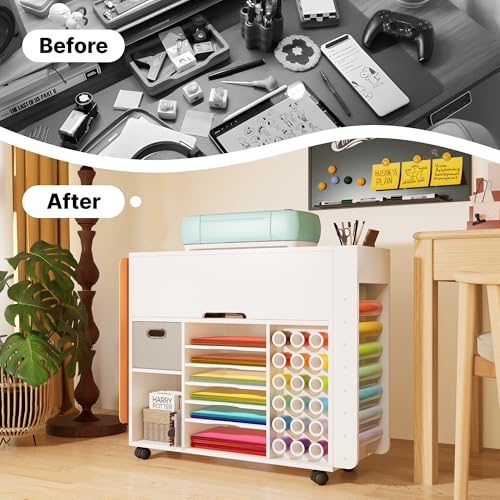 Image of Craft Organizers and Storage Cart with Extendable Desktop and Power Outlet, Compatible with Cricut Maker, Craft Table with Drawer & Vinyl Roll Holders, Craft Cabinet Workstation