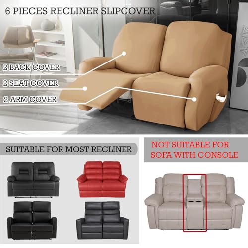 Image of HOKIPO 'SereneSolids' 140 GSM 6-Pieces Super Stretch Recliner Sofa Cover 2 Seater Fully Covered Washable Furniture Protector, Camel (AR-4741-CML)