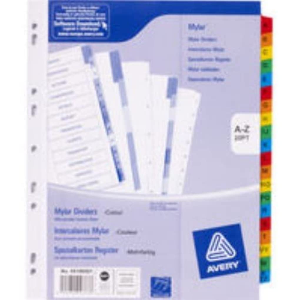 Avery 05196501 Mylar A4+ Extra Wide Pre-Printed Dividers, Multicoloured Tabs A-Z, 20 Part