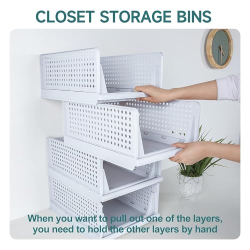 Image of Sulfar Foldable Cupboard Organizer For Clothes - Stackable Closet Organizer For Wardrobe - For Shirt | Pants | Jeans - Plastic Cupboard Dress Racks For Clothes Storage (White) Pack of 4