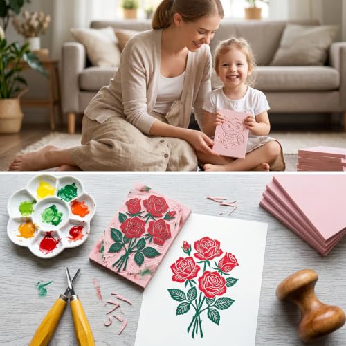Image of SGHUO 8pcs 4 inchx6 inch Rubber Carving Blocks, Soft Linoleum Block for Printmaking, Rectangle Linocut Blocks Stamp Carving Tools, Easy Cut Lino Blocks Crafts Making Kit (Pink-8mm Thick)