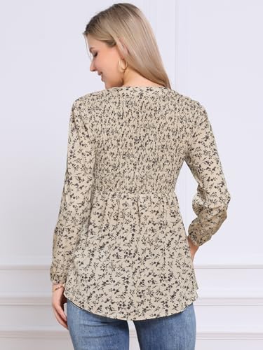 Allegra K Floral Blouse for Women 2025 V Neck Comfy Tee Long Sleeves Shirts Casual Smocked Tunic Tops3
