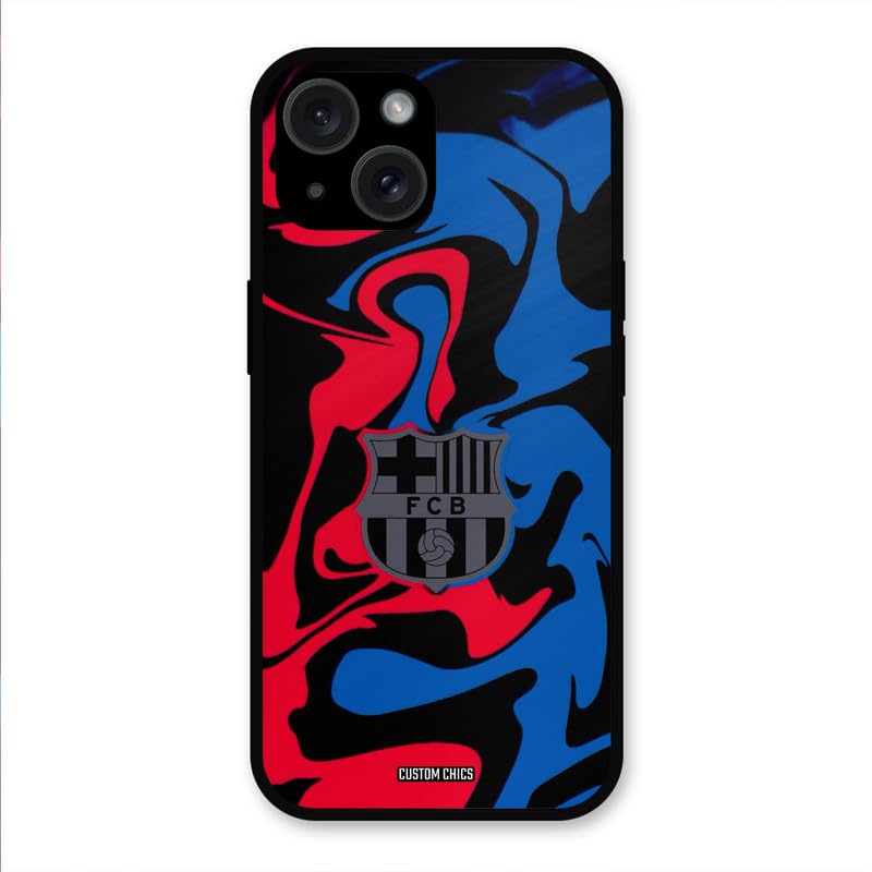 Image of PrintShield FC Barcelona Comic Back Cover for iPhone 15, Shockproof Printed Phone Case with Soft TPU Sides & Anti-Slip Grip