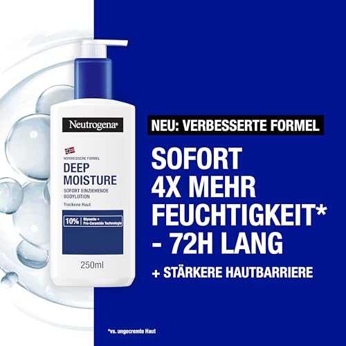 Neutrogena Deep Moisture Bodylotion, sofort einziehende Körperlotion mit Glycerin & Pro-Ceramide Technologie für 72h intensive Feuchtigkeit, nicht fettende Hautpflege Lotion für trockene Haut (250 ml) – Bild 3