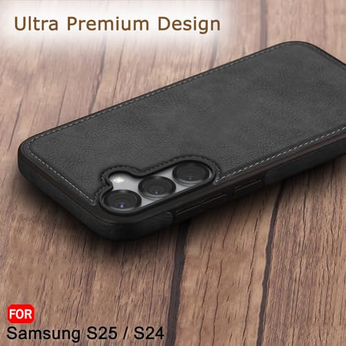 Image of TheGiftKart Genuine Leather Finish Back Cover Case for Samsung Galaxy S25 / S24 5G | Raised Edges for Camera & Screen Protection | Stunning Minimalist Design Back Case Cover (Black Sides, Black)