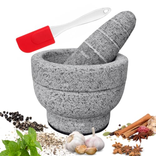 NOMZ Mortar and Pestle Set for Kitchen - Natural Stone Grinder (Khalbatta) with Anti-Scratch Pad & Silicone Spatula - 1.5 Cup, 5 Inch Diameter
