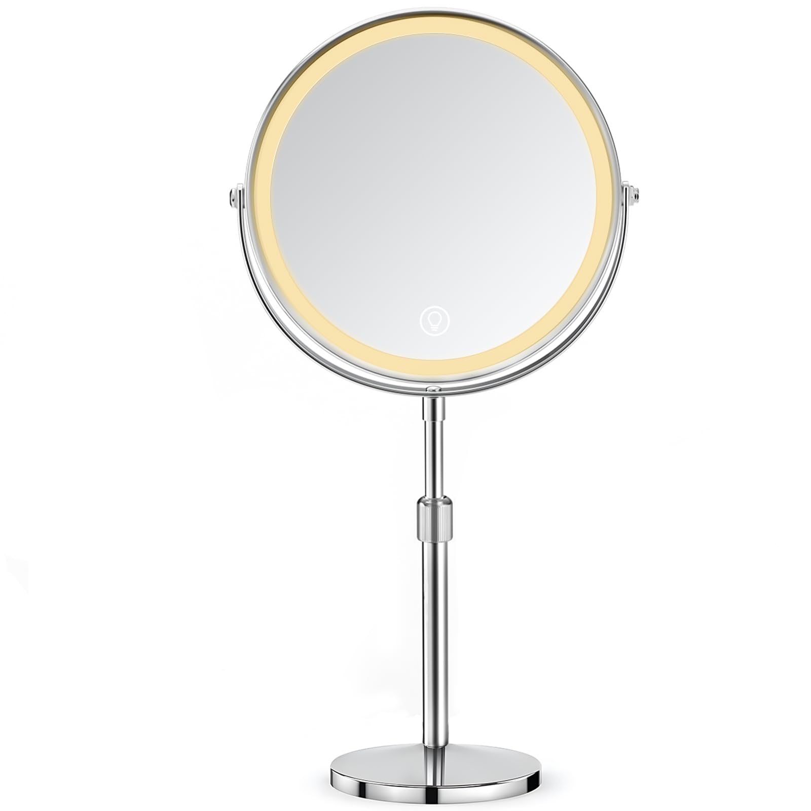 AIMAX 10X/1X Wiederaufladbarer Kosmetikspiegel mit Beleuchtung, 38-48 cm Höhenverstellbarer 8 Zoll Schminkspiegel, 3 Lichtfarben&Helligkeit Dimmbar, 360° drehbarer Doppelseitiger Tischspiegel