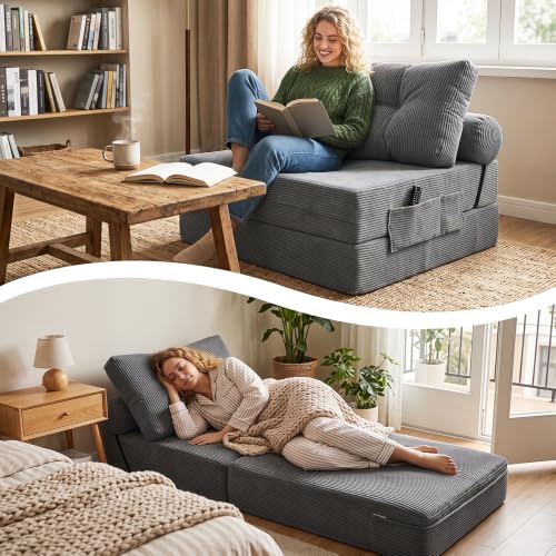 Image of Floor Sofa Bed, Convertible 2-in-1 Corduroy Couch with High-Density Sponge, Foldable Stackable Seat for Living Room Bedroom Dorm Game Room, No Assembly Required (Gray)