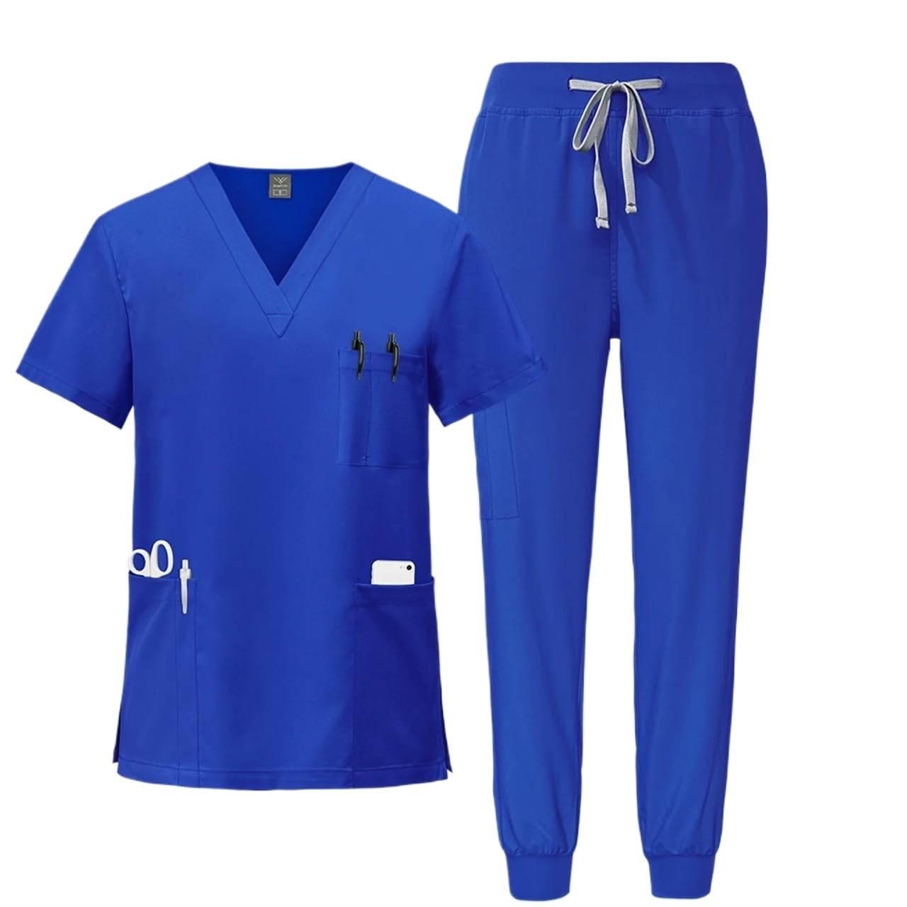 Uniforme Sanitario Unisex Uniformes médicos, Ropa de Trabajo enfermería, Camiseta con Cuello en V y Bolsillo, Pantalones Deportivos, Conjunto Uniforme quirúrgico clínico(Blue,L)