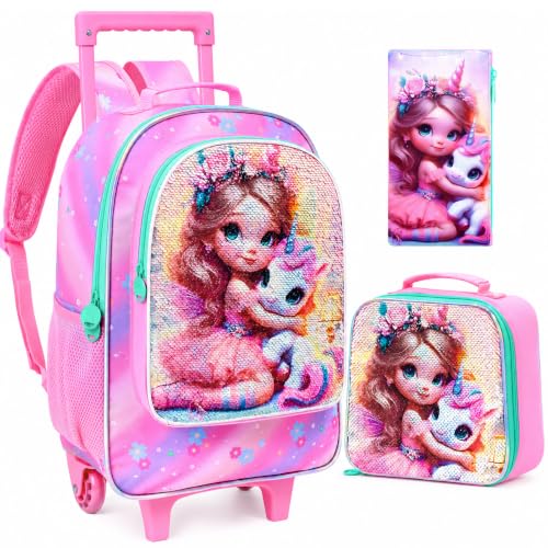 Mochila infantil com rodinhas de fadas mágicas e unicórnios – mochila interativa de lantejoulas com lancheira, mochila escolar para meninas em idade pré-escolar – Rosa fada e unicórnio