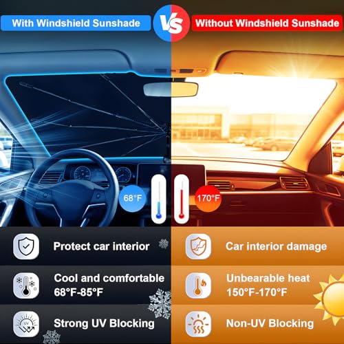 Image of Windshield Sun Shade Umbrella, Foldable Car Windshield Sun Shade Cover, 56 inch x 31 inch UV & Heat Insulation Car Sun Shade, Universal Fit for Sedans, SUVs & Trucks