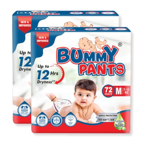 Image of BUMMY PANTS Baby Diapers - Soft & Comfortable with 5D Cross Core Technology, 360 Soft Elastic Waistband & Up to 12-Hour Absorption | M | Pack of 2 | 144 Pieces