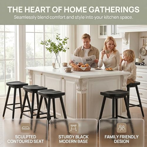 Image of HNY Backless Black Bar Stools Set of 4, Modern Counter Height Barstools 24 Inch Rustic Farmhouse Bar Height Saddle Stools with Ergonomic Seat, Wooden Stools for Kitchen Counter Island