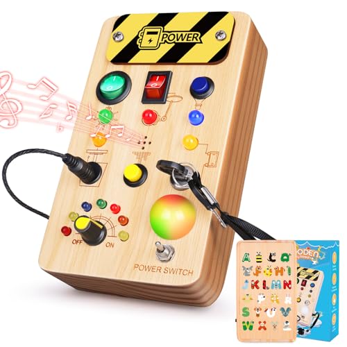 Image of TINTECUSA Busy Board Montessori Toys for Toddler, Wooden Sensory Board Switch Toy with Color-Changing LED Light Up Travel Toys Educational Plane Travel Activity for 1-6 Year Old Girls & Boys Gifts