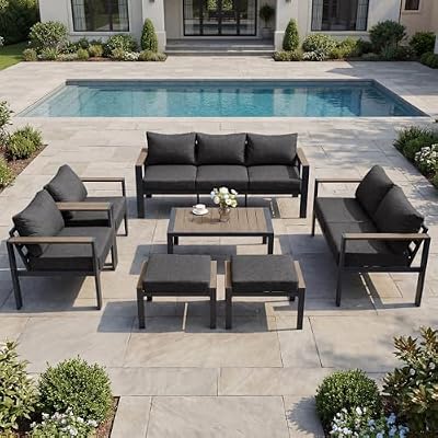 ADRERIC Patio Furniture Set 9 Seats and Coffee Table, 7 Pieces Patio Conversation Set with Thick Cushion, Ottomans, Deluxe Aluminum Modern Outside Sectional for Porch, Balcony, Deck, Yard, Dark Gray
