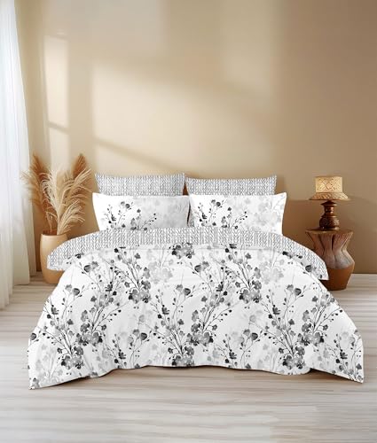 Image of LANE LINEN 400TC Morrison Bloom Super King Size Bedsheet with 4 Pillow Cases | 100% Cotton Digital Print Bedding Set (2.74 M x 2.74 M) | Modern Floral Pattern for Luxurious Comfort (White Floral)