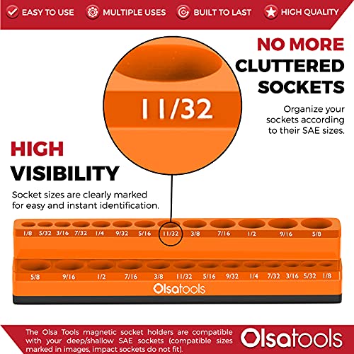 Image of Olsa Tools Magnetic Socket Organizer - 1 /4-Inch Drive SAE Socket Holder with Strong Magnets - Professional Tool Holder and Organizer - Stores up to 26 Sockets - Orange - Part: 1293