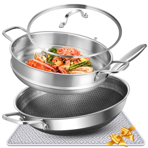Image of AOSION Hybrid 13 inch Stainless Steel Wok with Steamer, PFOA Free Cookware, Nonstick Wok Pan & Stir-Fry Pans with Lid and Draining Mat, Works on Induction, Dishwasher & Oven Safe