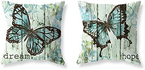 Set of 2 Blue Butterfly Theme Throw Pillow Covers 18x18 Inch Wood Grain Cotton Linen Cushion Pillow Case Outdoor Sofa Pillows Covers for Couch Living Room Bed Patio Furniture Indoors Home Decor