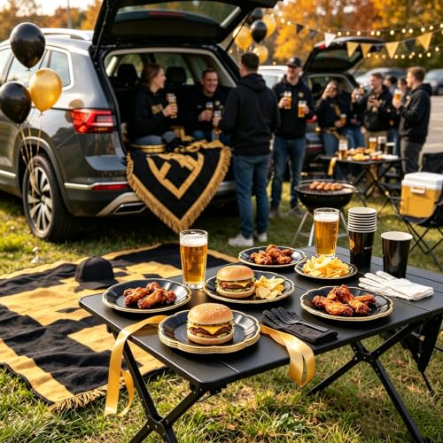 Image of 30 Pcs Black Plates with Gold Trim 9 Inch Scalloped Black and Gold Plates