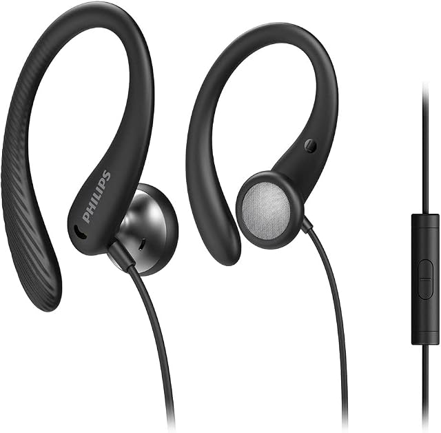 Philips Audio TAA1105BK/00 Sports Headphones With Microphone, In-Ear Headphones (Flexible Ear Hook, Bass Beat Vent, IPX2 Sweat Resistant, Secure Fit, In-Line Remote Control) Black