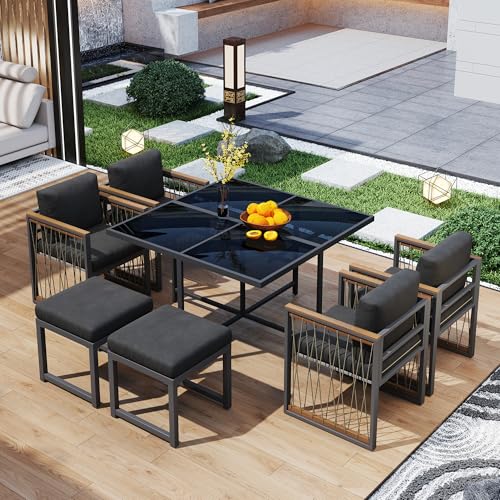Yihomfy Salon de Jardin extérieur 7 pièces,Ensemble de Salle à Manger,Table Carre 6 Chaises(4 Fauteuils et 2 Repose-Pieds),Meubles d'extérieur avec...
