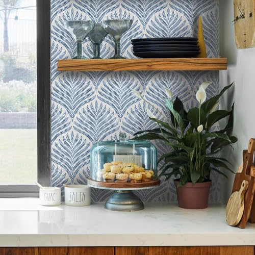 Image of Veki Luxury Floral & Botanical Geometric Wallpaper Mural - Waterproof, Moisture-Proof, Self-Adhesive PVC Wall Sticker for Home & Hotel Decoration (45cm x 300cm) (Blue Leaf)