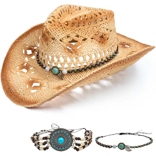 JremPan Cowboy Hat Straw Cowboy Hats for Women Men Beige Coastal Cowgirl Hat with Shapeable Brim Summer Country Woven Hats with Two Decorative Bands for Beach and Outdoor Activities